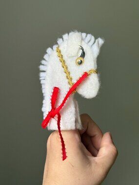 Vintage Handmade Felt White Horse Pony Children's Story Telling Finger Puppet